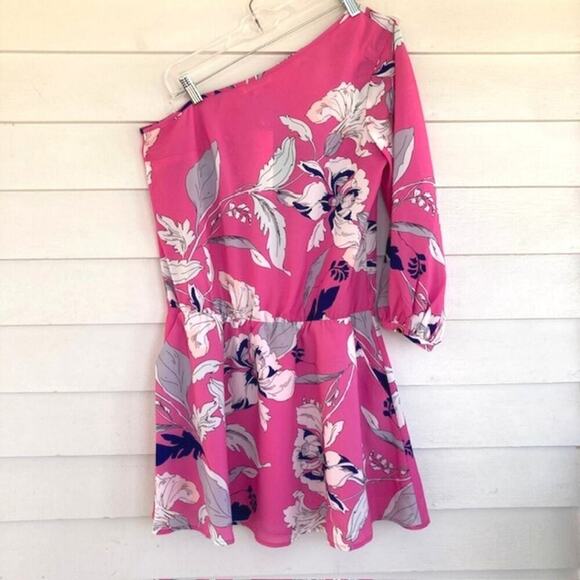 Anthropologie Yumi Kim NEW Pink Eastern Garden Floral One Shoulder Mini Dress L - Picture 4 of 14